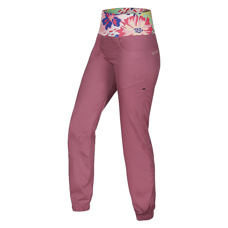 Rose Pink women's Ocun Sansa Pants in soft, stretchy fabric for comfort during outdoor climbing.