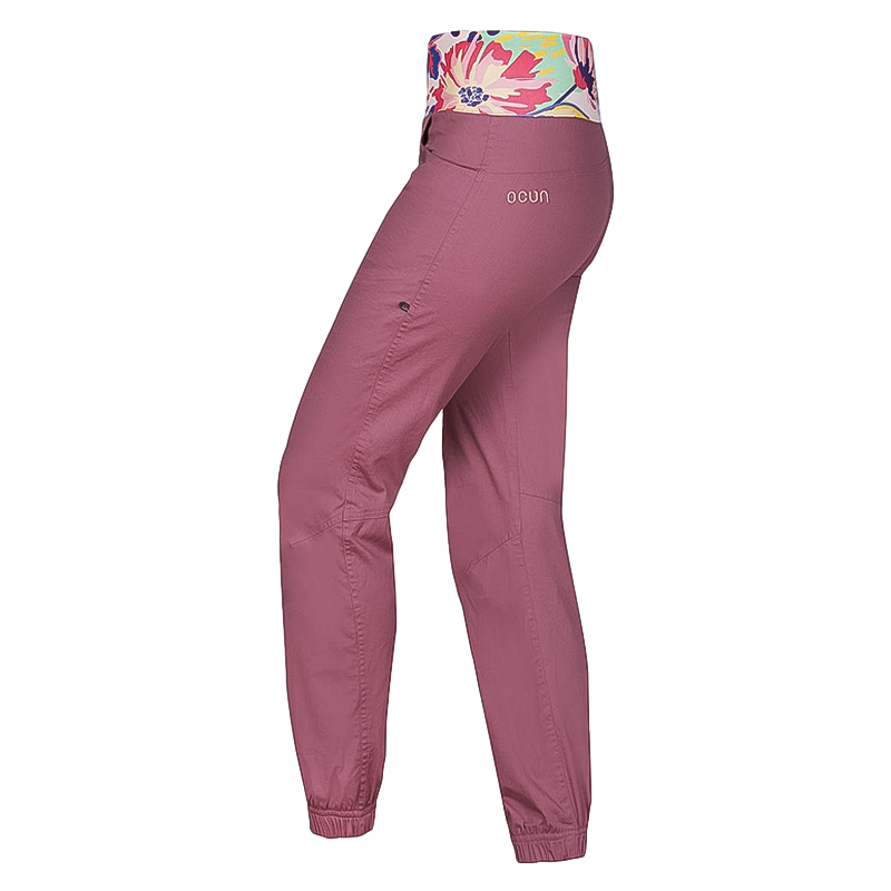 Women's Ocun Sansa Pants in rose pink made from stretchy cotton, ideal for climbing and outdoor activities.