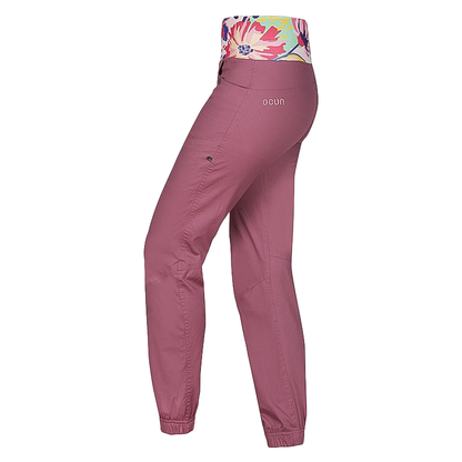 Women's Ocun Sansa Pants in rose pink made from stretchy cotton, ideal for climbing and outdoor activities.