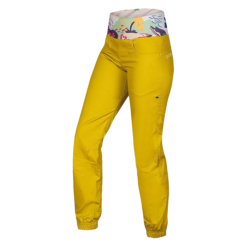 Women's yellow pants featuring a vibrant floral print along the side, perfect for outdoor adventures.