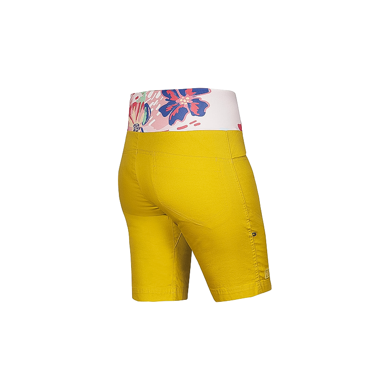 Ocún Women's Sansa Shorts in yellow floral print, designed for comfort and breathability during active use.