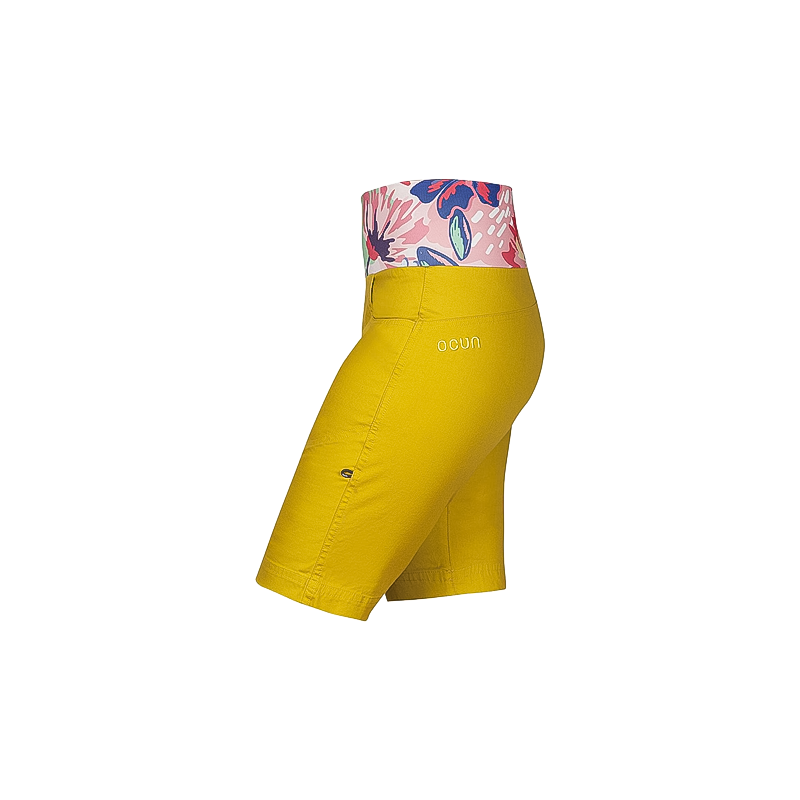Lightweight yellow floral shorts with an elastic waist and pockets, perfect for outdoor activities.