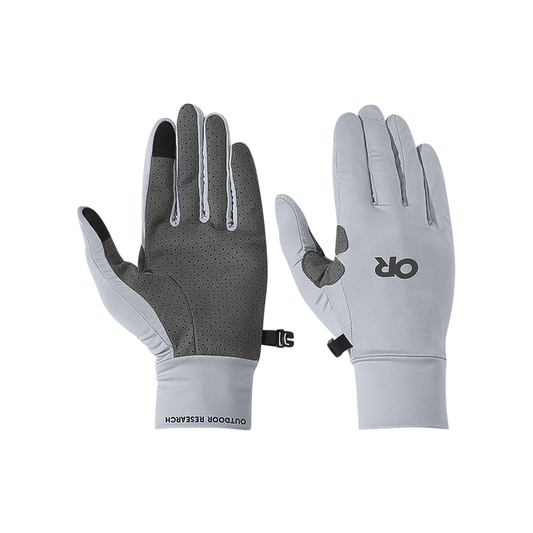 Grey full-finger gloves by Outdoor Research with ActiveIce for cooling and UPF 50+ protection.