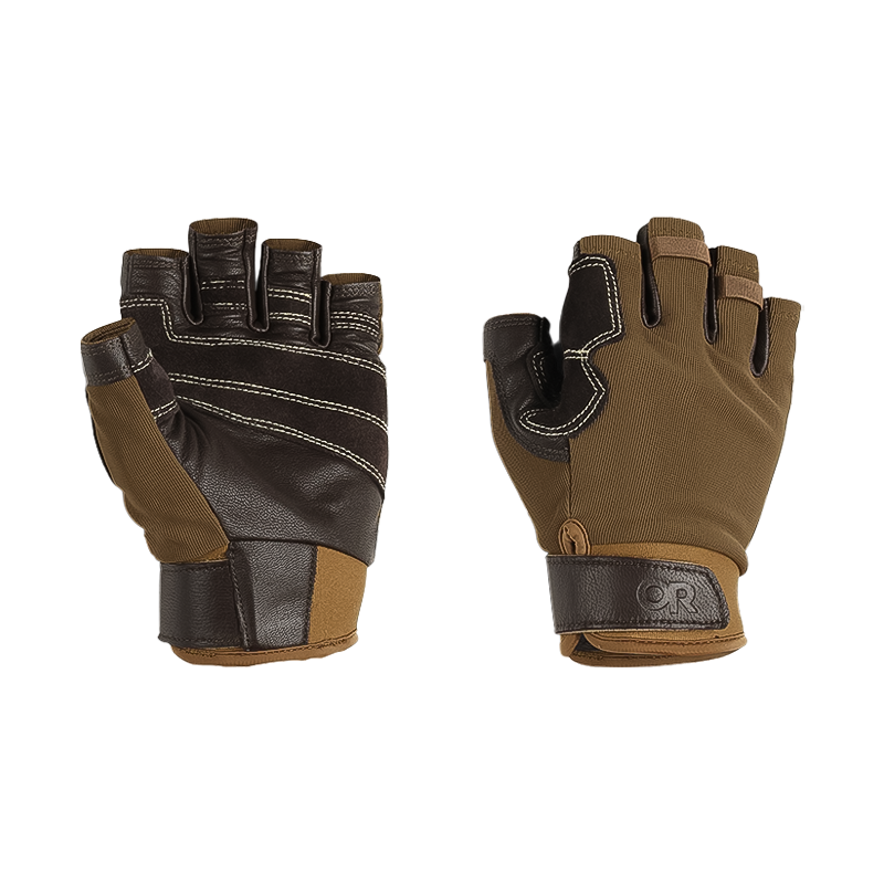 Fingerless leather climbing gloves with a suede-reinforced palm, designed for breathability and dexterity in outdoor activities.