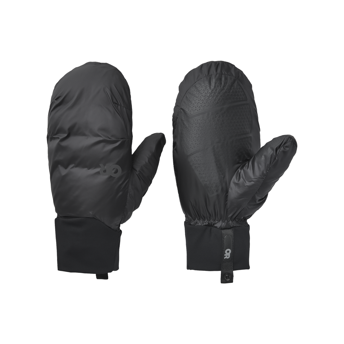 Black Outdoor Research helium mitts designed from waterproof material, ideal for outdoor winter activities and ensuring warmth and comfort.