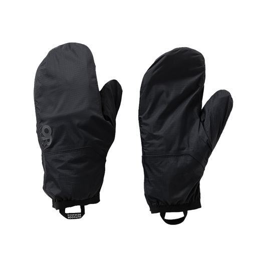 Black Outdoor Research Helium UL Rain Mitts with logo, designed for waterproof protection during outdoor activities.