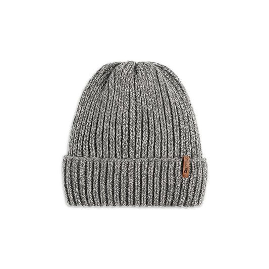 Gray beanie hat with a brown label, featuring  a rib-knit cuff for warmth and style in cold weather.