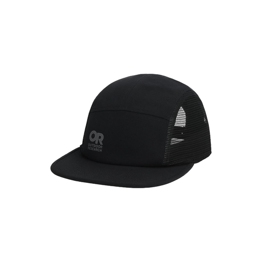 Black Outdoor Research Loam 5-panel cap, lightweight and breathable for outdoor use.