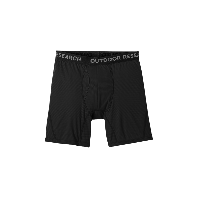 Black Outdoor Research boxer shorts featuring the brand name, designed for comfort during outdoor adventures.