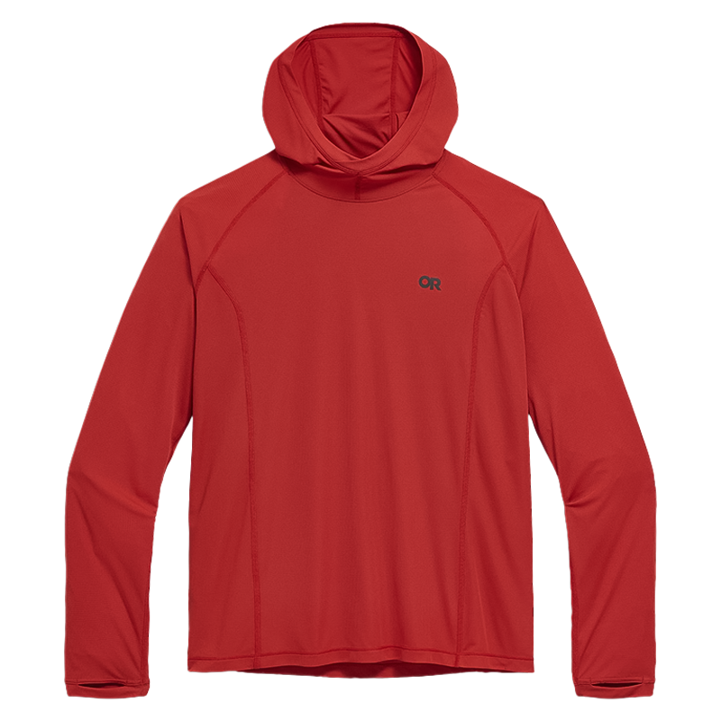 Red North Face men's hooded sweatshirt designed for high-exertion activities, featuring UPF 15 and a zippered stealth pocket.