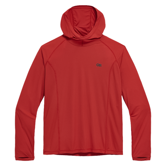 Red North Face men's hooded sweatshirt designed for high-exertion activities, featuring UPF 15 and a zippered stealth pocket.