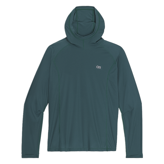 Teal men's hooded sweatshirt for high-exertion activities with UPF 15 protection and a zippered pocket.