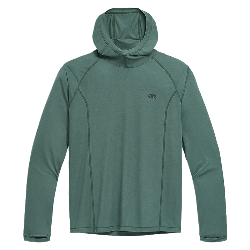 Green lightweight men's hooded sweatshirt with UPF 15, moisture-wicking fabric, and zippered pocket for outdoor activities.