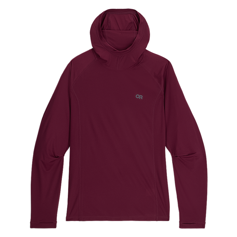 Maroon men's hoodie with hood, UPF 15, and zippered pocket for high-exertion activities.