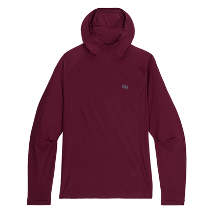Maroon men's hoodie with hood, UPF 15, and zippered pocket for high-exertion activities.