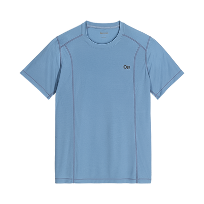 Outdoor Research men's light blue short sleeve shirt with logo, perfect for outdoor activities, offering UPF protection and quick-dry fabric.