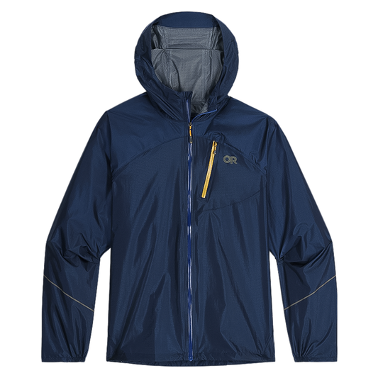 Navy Blue Outdoor Research men's storm jacket, lightweight, waterproof, with adjustable hood and zip pockets for outdoor adventures.