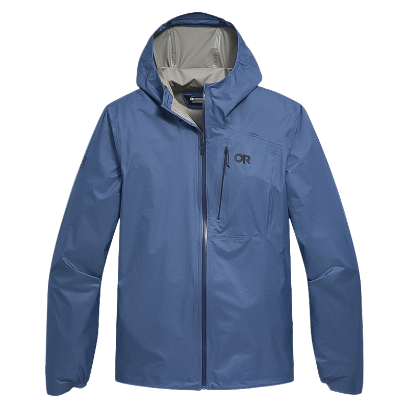 Ultralight blue Mountain Equipment jacket featuring a hood from Outdoor Research, ideal for hiking and trail running in unpredictable weather.