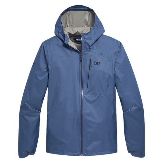 Ultralight blue Mountain Equipment jacket featuring a hood from Outdoor Research, ideal for hiking and trail running in unpredictable weather.