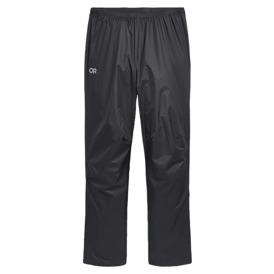 Lightweight men's waterproof pants in black designed for hiking, featuring breathable fabric and packable design for easy transport.