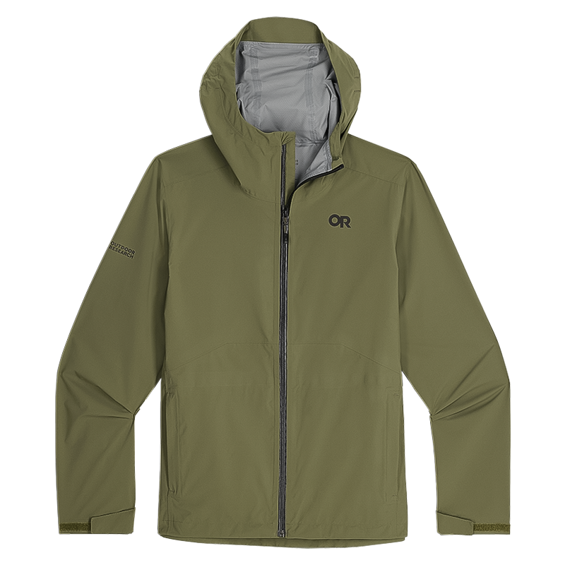 Olive green Outdoor Research Stratoburst Stretch Rain Jacket with a hood, designed for lightweight, eco-friendly wet-weather adventures.
