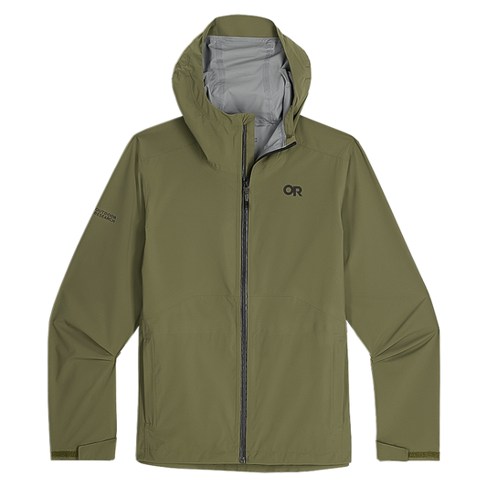Olive green Outdoor Research Stratoburst Stretch Rain Jacket with a hood, designed for lightweight, eco-friendly wet-weather adventures.