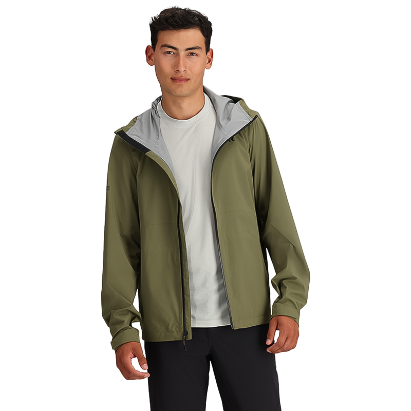 Men's lightweight olive green rain jacket, designed for breathability and mobility, perfect for cool, wet-weather adventures.