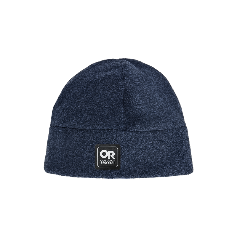 Navy beanie featuring the Outdoor Research logo, designed for warmth and breathability in cold-weather activities.