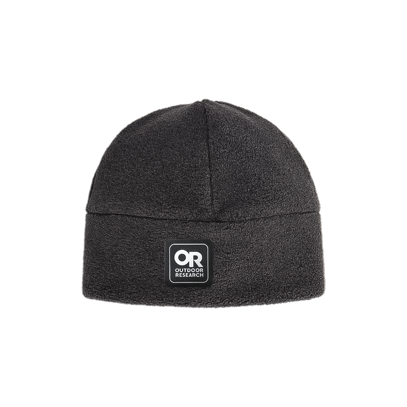 Close-fitting gray beanie with the Outdoor Research logo, made from recycled materials for warmth and moisture control.