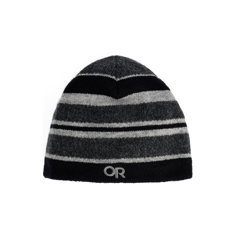 Lightweight Outdoor Research Spitsbergen Beanie in black and white stripes with moisture-wicking and windproof features, perfect for winter adventures.