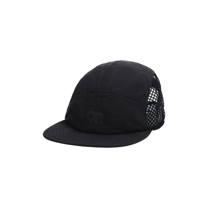 Black mesh cap from Outdoor Research with breathable front for comfort and sun protection while running.