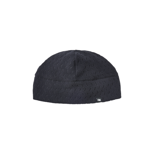 Black beanie hat featuring a black and white logo, designed for warmth and breathability during outdoor activities.