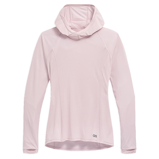 Light pink women's hoodie with a hood, designed for high-exertion activities, featuring moisture-wicking and UPF 15 protection.