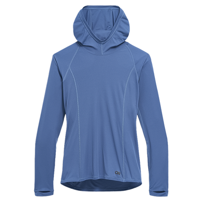 Blue women's hooded sweatshirt designed for high-exertion activities, featuring UPF 15 protection and a zippered pocket.