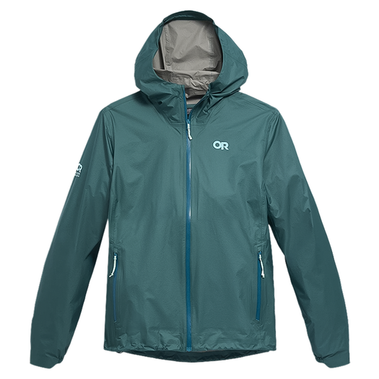 Teal Outdoor Research Helium UL Jacket displayed, showcasing its ultralight, waterproof design for outdoor activities.