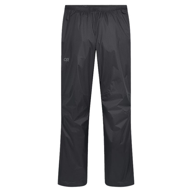 Lightweight black rain pants by Outdoor Research, ideal for hiking and fastpacking in wet conditions.