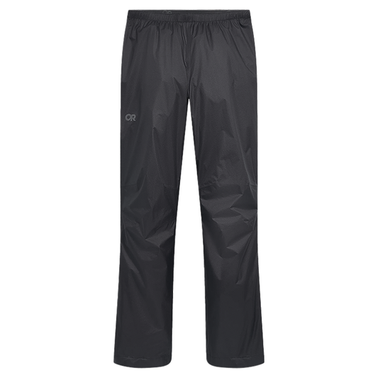 Lightweight black rain pants by Outdoor Research, ideal for hiking and fastpacking in wet conditions.