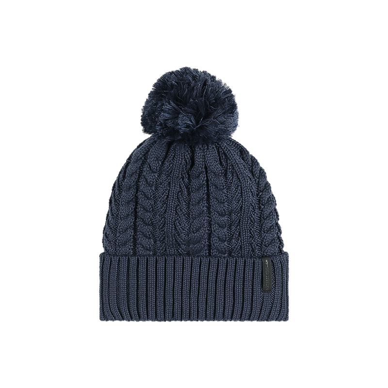 Cozy white cable knit beanie with a vibrant pom pom, ideal for winter outings.