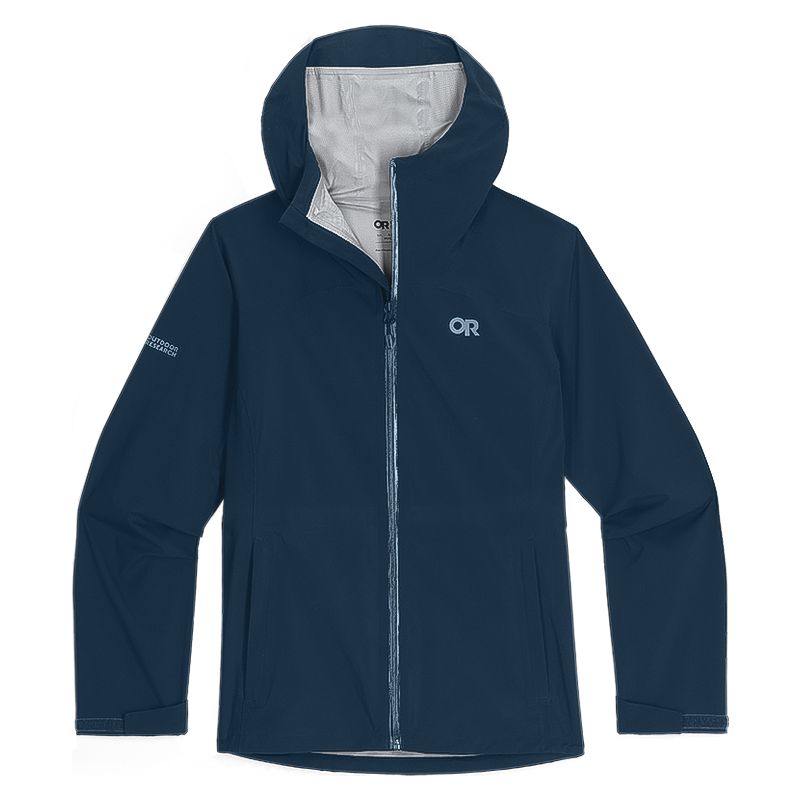 Navy Blue Outdoor Research Stratoburst Rain Jacket with hood, designed for eco-friendly wet-weather adventures.
