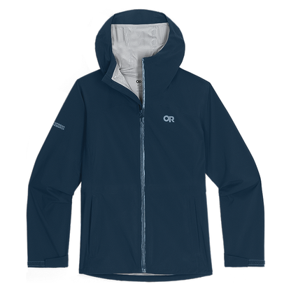 Navy Blue Outdoor Research Stratoburst Rain Jacket with hood, designed for eco-friendly wet-weather adventures.