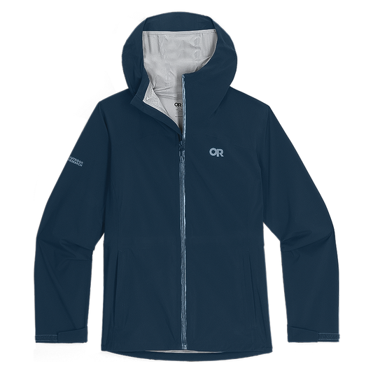 Navy Blue Outdoor Research Stratoburst Rain Jacket with hood, designed for eco-friendly wet-weather adventures.