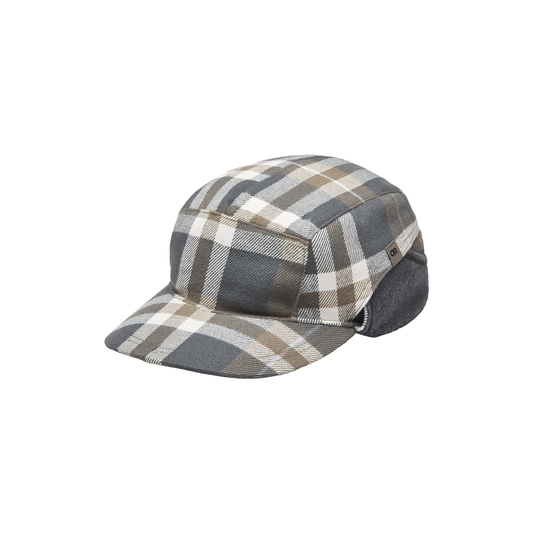 A plaid-patterned winter hat featuring a foldable brim and convertible earflaps for warmth and style in cold weather.