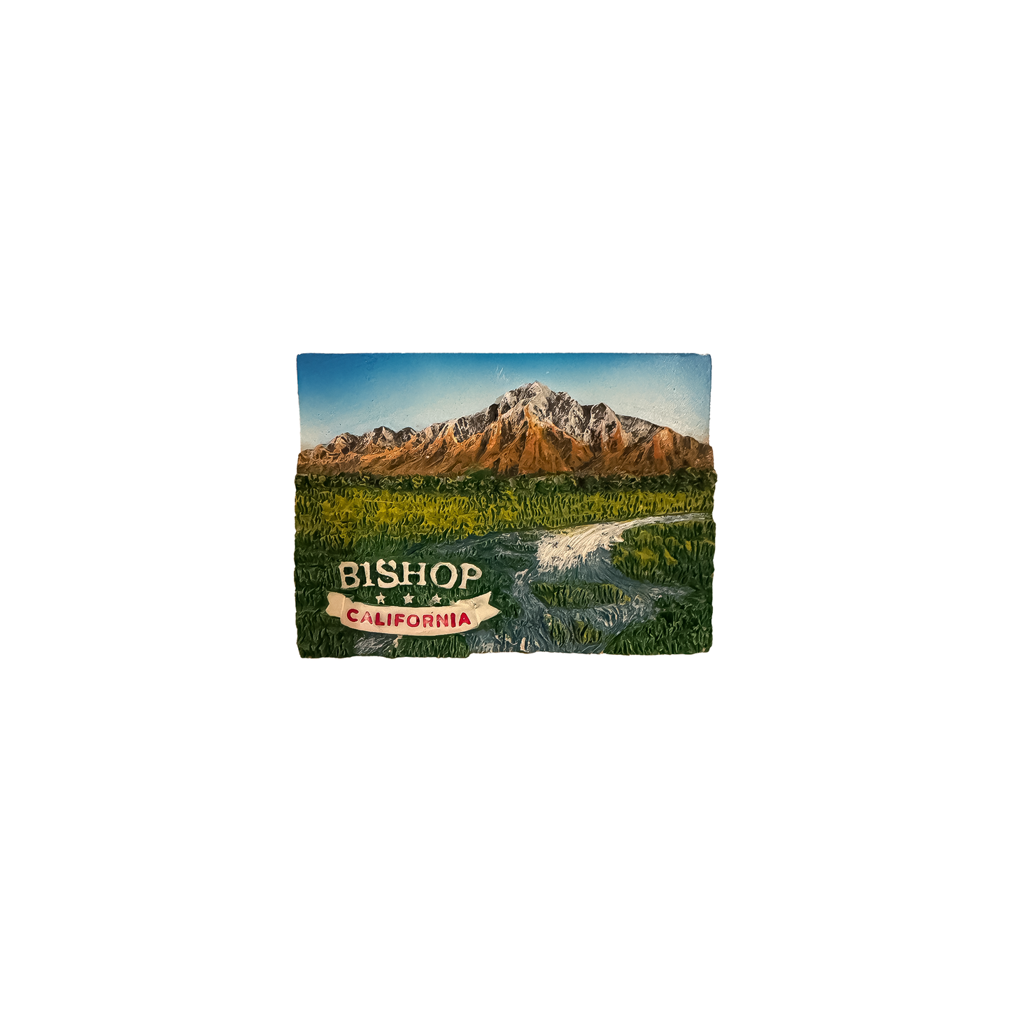 Colorful acrylic magnet featuring Eastern Sierra mountains, river, and valley with "Bishop, California" text.