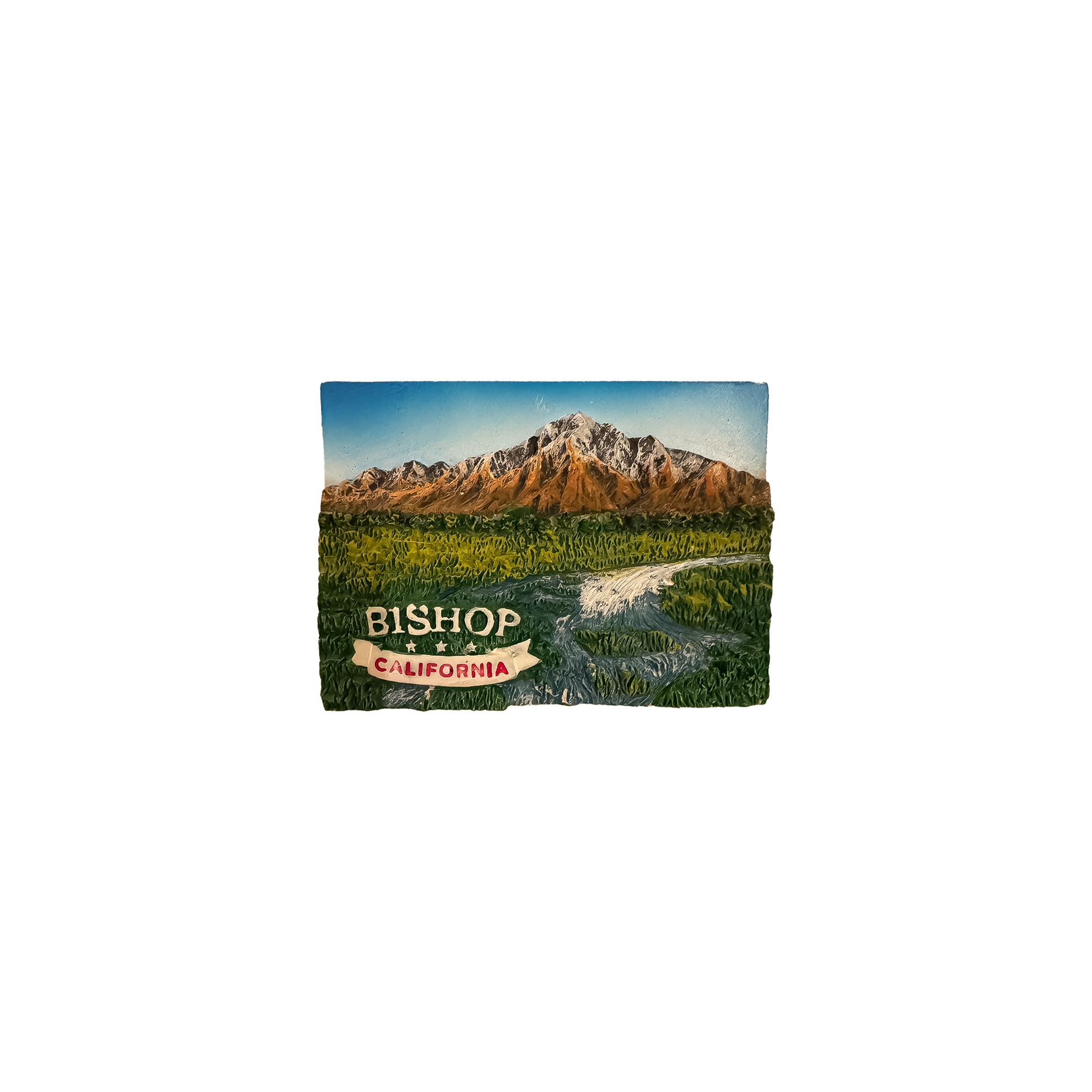 Colorful acrylic magnet featuring Eastern Sierra mountains, river, and valley with "Bishop, California" text.