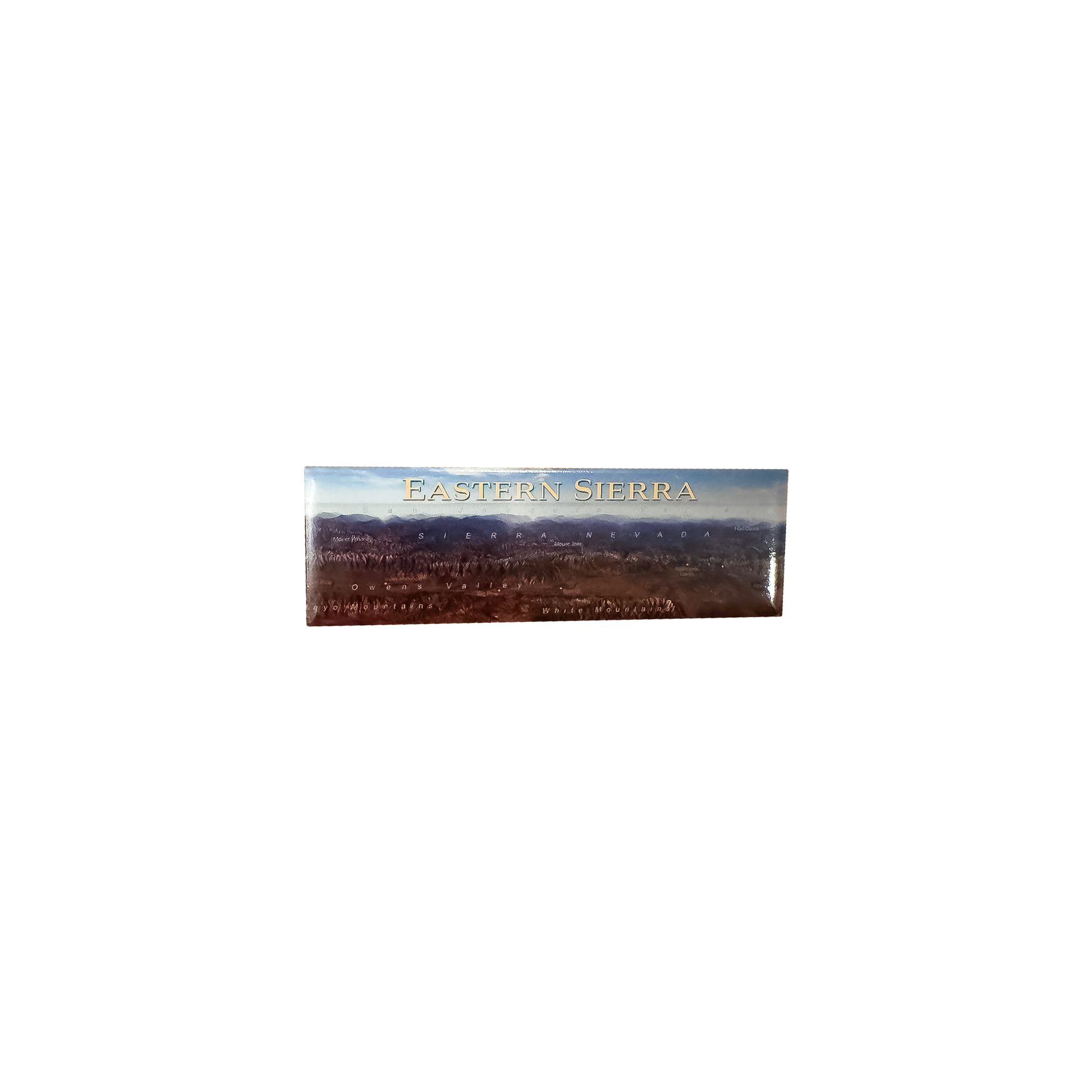 Rectangular magnet with a scenic view of the Eastern Sierra and text on a white background