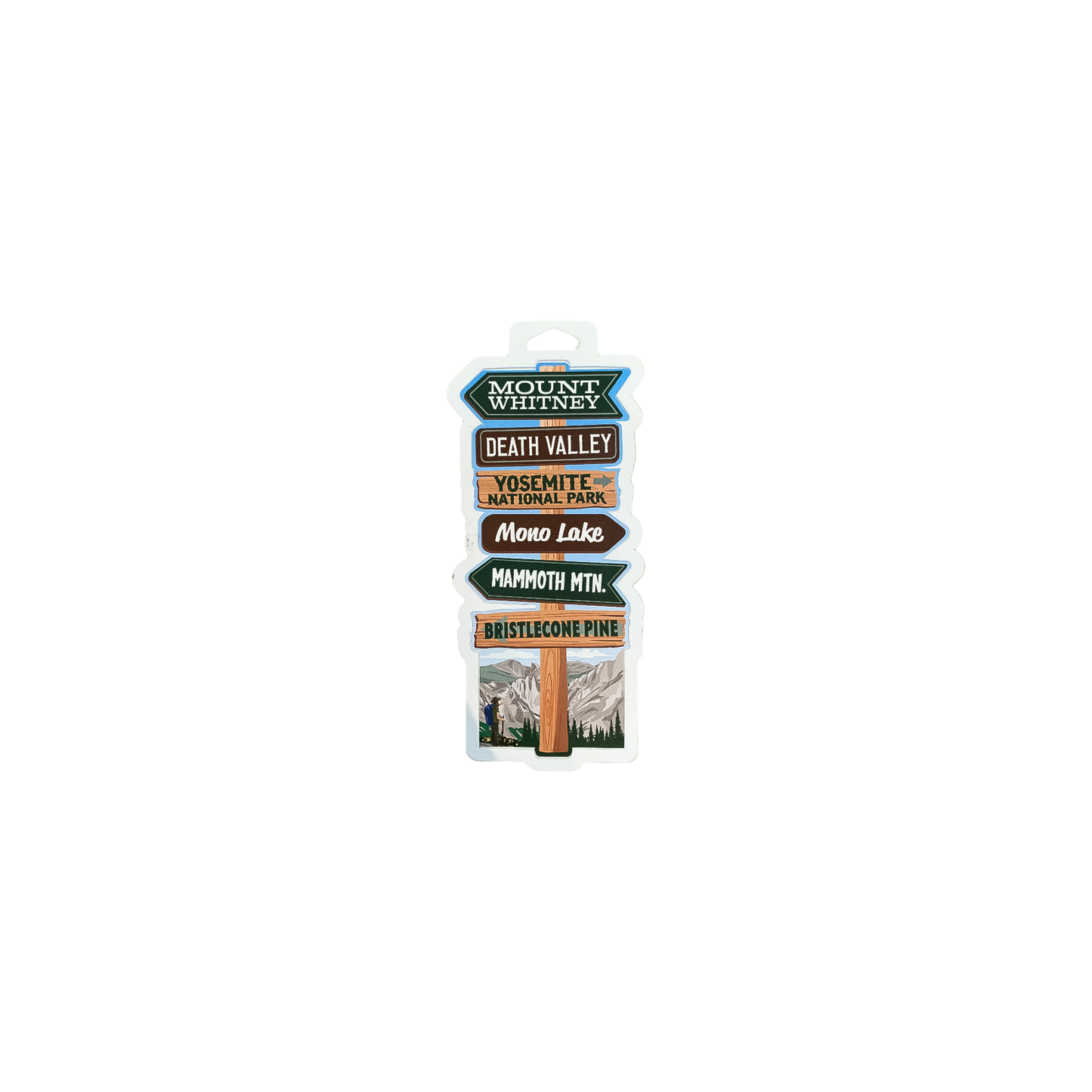 Wooden directional signs in a holder die-cut sticker, showcasing arrows that guide to popular Eastern Sierra locations and scenic spots.
