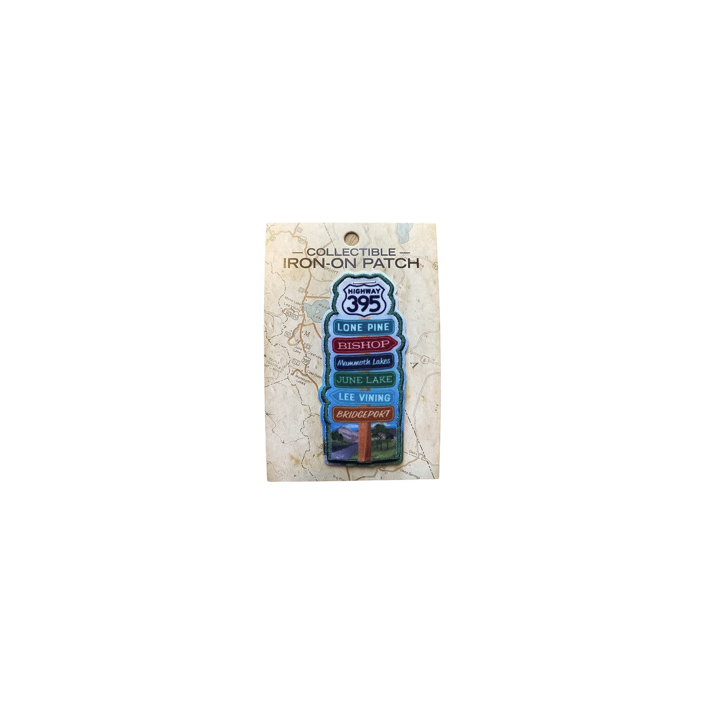  An embroidered patch designed with a rustic signpost with directional arrows to iconic Eastern Sierra destinations.