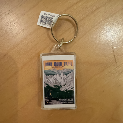 John Muir Trail keychain with mountain imagery, built-in compass, and thermometer, perfect for hikers and souvenir collectors