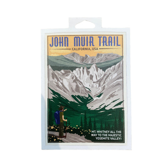 John Muir Trail mountains and a hiker sticker