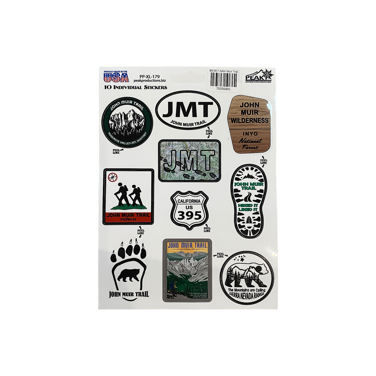 Sticker sheet featuring 10 designs celebrating the John Muir Trail, including trail badges and wildlife silhouettes.